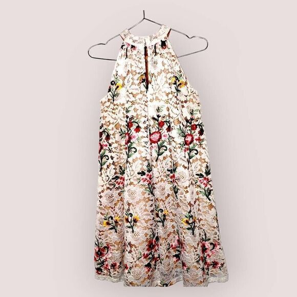Badgley Mishka Womens Dress Sz 16 Belle Ivory Lace Red Floral Halter Sleeveless - Picture 2 of 16